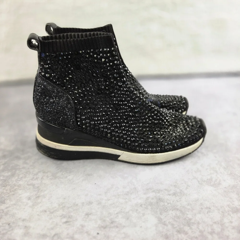 Michael Michael Kors Skyler Black Rhinestone Glitter Wedge Sock Sneakers Sz 7.5